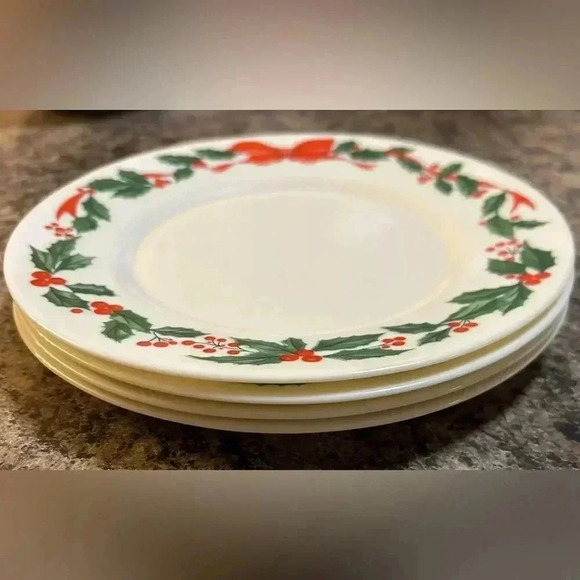 4-Arcopal France Christmas Salad Plates Red Ribbon Holly and Berries 7 3/4" - Picture 4 of 7